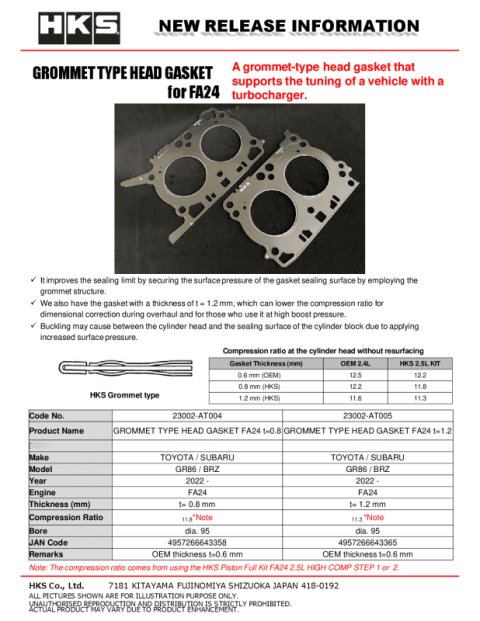 HKS Subaru FA24 1.2mm Thickness 11.3 CR Grommet Type Head Gasket thumbnail 2