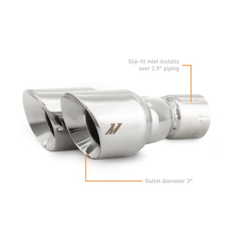 Mishimoto Dual Offset Tips 2.5in Inlet 3in Outlet Slash Cut - Polished thumbnail 1