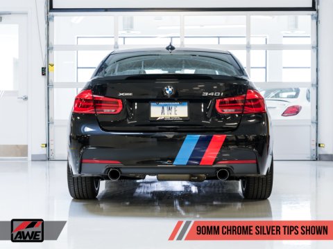 AWE Tuning BMW F3X 340i Touring Edition Axle-Back Exhaust - Chrome Silver Tips (90mm) thumbnail 1