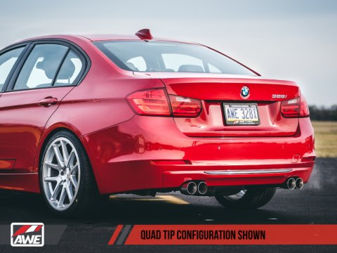 AWE Tuning BMW F3X N20/N26 328i/428i Touring Edition Exhaust Quad Outlet - 80mm Chrome Silver Tips thumbnail 1
