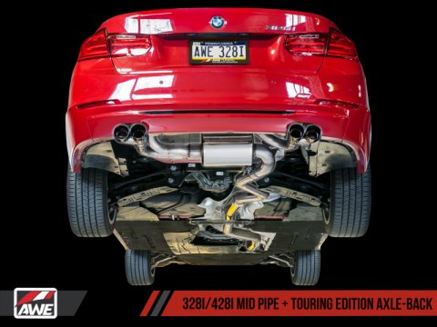 AWE Tuning BMW F3X N20/N26 328i/428i Touring Edition Exhaust Quad Outlet - 80mm Chrome Silver Tips thumbnail 2