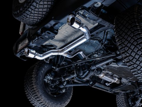 AWE Tuning 2021+ Ford Bronco 0FG Dual Rear Exit Exhaust w/Chrome Silver Tips & Bash Guard thumbnail 8