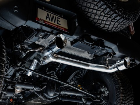 AWE Tuning 2021+ Ford Bronco 0FG Dual Rear Exit Exhaust w/Chrome Silver Tips & Bash Guard thumbnail 9