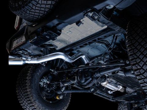 AWE Tuning 2021+ Ford Bronco 0FG Single Rear Exit Exhaust w/Chrome Silver Tip & Bash Guard thumbnail 8