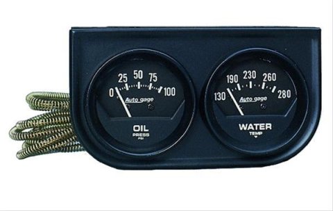 Autometer AutoGage Two-Gauge Console 52.4mm Mech 0-100 PSI Oil Press / 130-280 Deg Water Temp- Black thumbnail 1