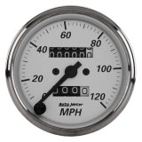 Autometer 3-1/8in Silver Bezel/White Face 120mph Mechanical In-Dash Tacho/Speedometer w/ Trip Gauge thumbnail 1
