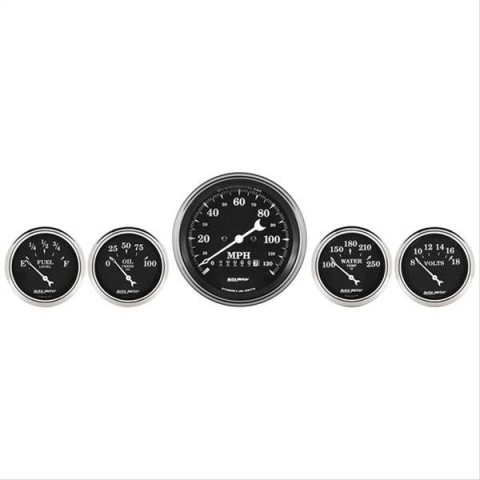 Auto Meter Gauge Kit 5 pc. 3 3/8in & 2 1/16in Elec. Speedometer Old Tyme Black