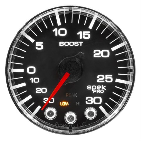 Autometer Spek-Pro Gauge Vac/Boost 2 1/16in 30Inhg-30psi Stepper Motor W/Peak & Warn Black/Chrome