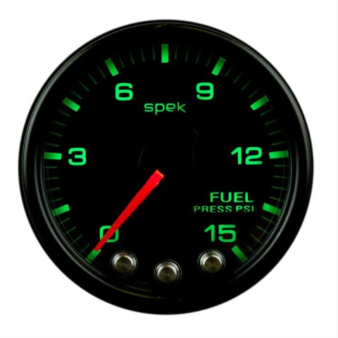 Autometer Spek-Pro Gauge Fuel Press 2 1/16in 15psi Stepper Motor W/Peak & Warn Blk/Blk