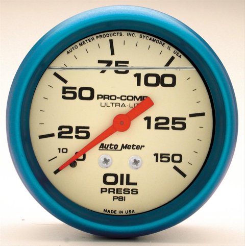Autometer Ultra-Nite 2-5/8in 0-150 PSI Liquid Filled Mechanical Glow In Dark Oil Pressure Gauge thumbnail 1