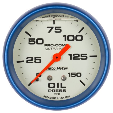 Autometer Ultra-Nite 2-5/8in 0-150 PSI Liquid Filled Mechanical Glow In Dark Oil Pressure Gauge thumbnail 2