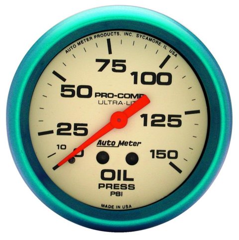 Autometer Ultra-Nite 2-5/8in 0-150 PSI Liquid Filled Mechanical Glow In Dark Oil Pressure Gauge thumbnail 4