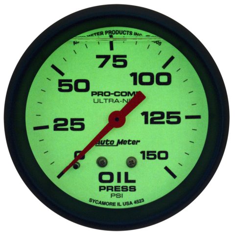 Autometer Ultra-Nite 2-5/8in 0-150 PSI Liquid Filled Mechanical Glow In Dark Oil Pressure Gauge thumbnail 6