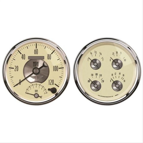 AutoMeter Gauge Kit 2 Pc. Quad & Tach/Speedo 5in. Prestige Antique. Ivory