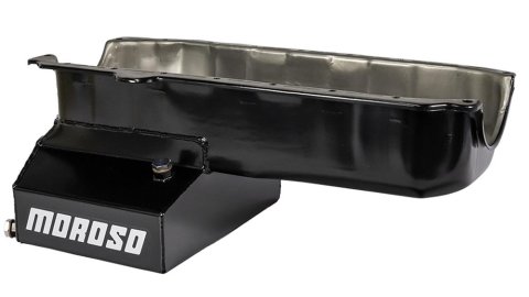 Moroso Pre-85 Chevrolet Small Block (w/Passenger Side Dipstick) Wet Sump 7qt 8in Steel Oil Pan - Blk