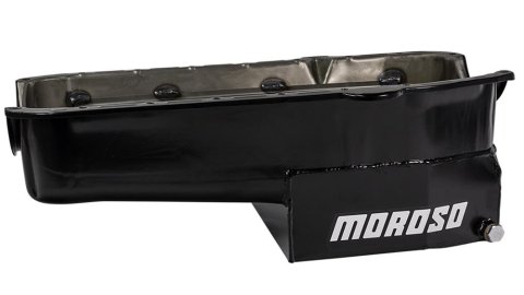 Moroso 80-85 Chevrolet SBC(w/Passenger Side Dipstick) Wet Sump 7qt 7.5in Steel Oil Pan - Black thumbnail 1