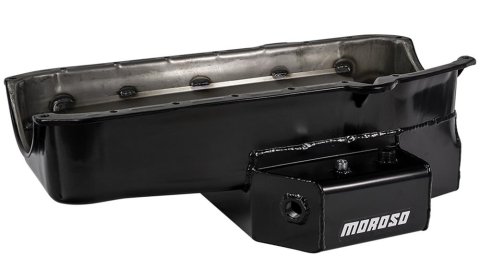 Moroso 86-Up Chevrolet SBC (w/1 Pc Seal & Low Clearance) Wet Sump 7qt 7in Steel Oil Pan - Black thumbnail 1