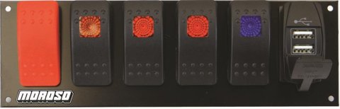Moroso Rocker Switch Panel - Flat Surface Mount - LED w/USB - 2.488in x 7.85in -Five On/Off Switches