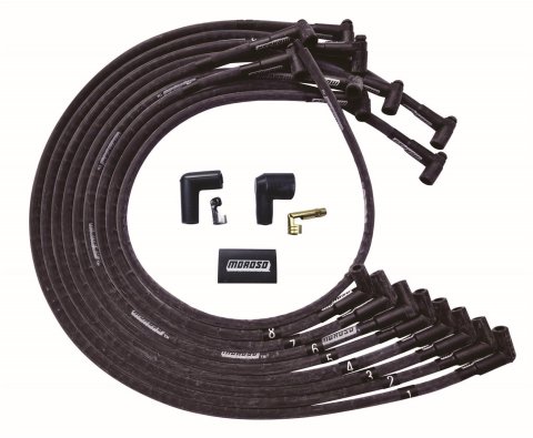 Moroso BBC Under Header 90 Deg Plug End HEI Sleeved Ultra Spark Plug Wire Set - Black