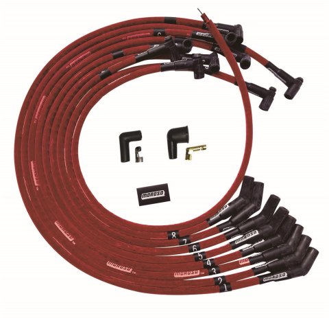 Moroso BBC Under Header 135 Deg Plug Boot HEI Sleeved Ultra Spark Plug Wire Set - Red