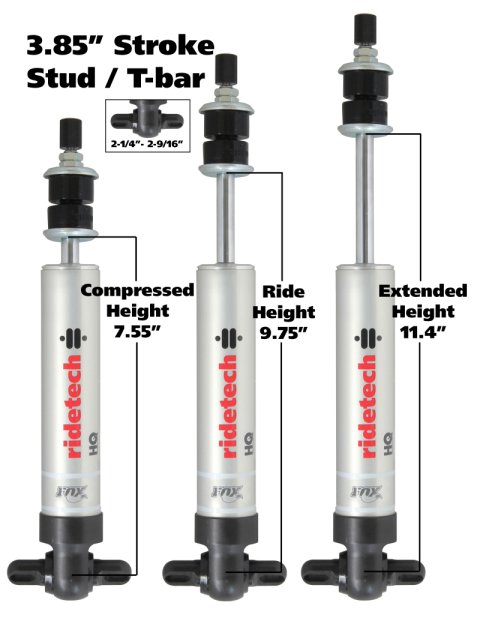 Ridetech HQ Series Shock Absorber Fixed Valve 3.85 Stroke Narrow T-bar/Stud Mounting 7.55in x 11.4in thumbnail 3