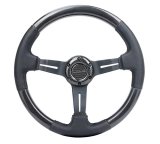 NRG Carbon Fiber Steering Wheel (350mm / 1.5in. Deep) Leather Trim w/Blk Stitch & Slit Cutout Spokes thumbnail 1