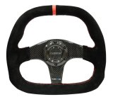 NRG Carbon Fiber Steering Wheel (320mm) Flat Btm. Blk Suede/Red Stitch w/CF Spokes & Red Center Mark thumbnail 1