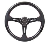 NRG Carbon Fiber Steering Wheel (350mm /1.5in. Deep) Leather Trim w/Red Stitch & Slit Cutout Spokes thumbnail 1