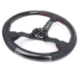 NRG Carbon Fiber Steering Wheel (350mm /1.5in. Deep) Leather Trim w/Red Stitch & Slit Cutout Spokes thumbnail 2