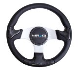NRG Carbon Fiber Steering Wheel (350mm) Silver Frame Blk Stitching w/Rubber Cover Horn Button thumbnail 2