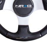 NRG Carbon Fiber Steering Wheel (350mm) Silver Frame Blk Stitching w/Rubber Cover Horn Button thumbnail 4