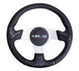 NRG Carbon Fiber Steering Wheel (350mm) Silver Frame Blk Stitching w/Rubber Cover Horn Button thumbnail 6