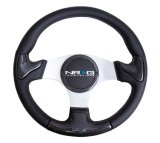 NRG Carbon Fiber Steering Wheel (350mm) Silver Frame Blk Stitching w/Rubber Cover Horn Button thumbnail 7