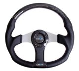 NRG Carbon Fiber Steering Wheel (350mm) Silver Oval Shape w/Leather Trim thumbnail 1