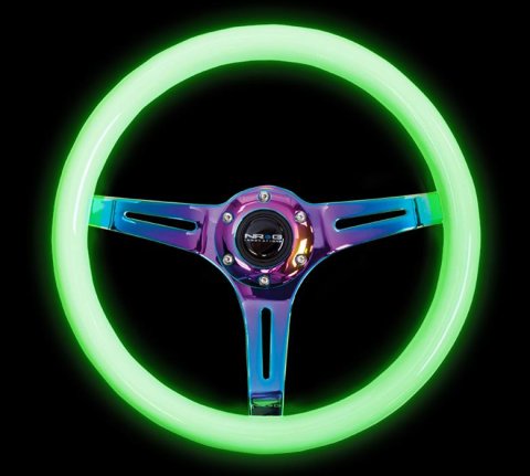 NRG Classic Wood Grain Steering Wheel (350mm) Glow-N-The-Dark Green Grip w/Neochrome 3-Spoke Center thumbnail 1