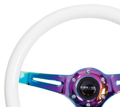 NRG Classic Wood Grain Steering Wheel (350mm) Glow-N-The-Dark Green Grip w/Neochrome 3-Spoke Center thumbnail 2