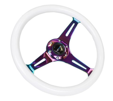 NRG Classic Wood Grain Steering Wheel (350mm) Glow-N-The-Dark Green Grip w/Neochrome 3-Spoke Center thumbnail 3