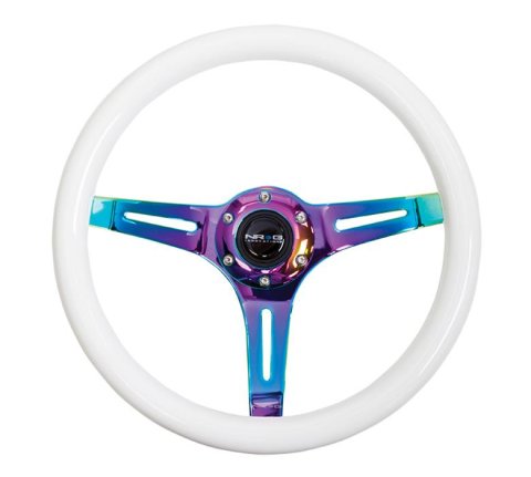 NRG Classic Wood Grain Steering Wheel (350mm) Glow-N-The-Dark Green Grip w/Neochrome 3-Spoke Center thumbnail 4