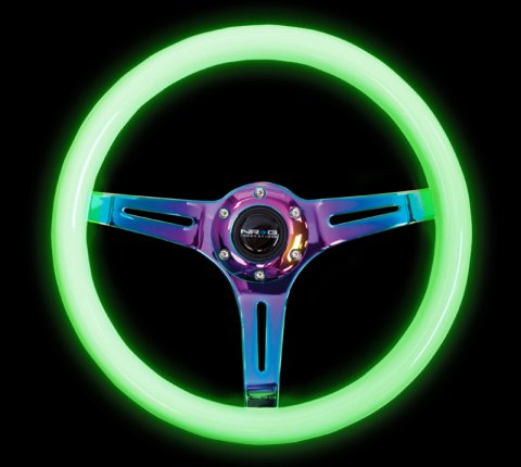 NRG Classic Wood Grain Steering Wheel (350mm) Glow-N-The-Dark Green Grip w/Neochrome 3-Spoke Center thumbnail 6