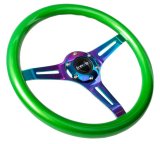 NRG Classic Wood Grain Steering Wheel (350mm) Green Pearl/Flake Paint w/Neochrome 3-Spoke Center thumbnail 1