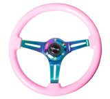 NRG Classic Wood Grain Steering Wheel (350mm) Solid Pink Painted Grip w/Neochrome 3-Spoke Center thumbnail 2