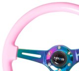 NRG Classic Wood Grain Steering Wheel (350mm) Solid Pink Painted Grip w/Neochrome 3-Spoke Center thumbnail 3