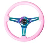 NRG Classic Wood Grain Steering Wheel (350mm) Solid Pink Painted Grip w/Neochrome 3-Spoke Center thumbnail 4