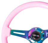 NRG Classic Wood Grain Steering Wheel (350mm) Solid Pink Painted Grip w/Neochrome 3-Spoke Center thumbnail 5