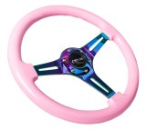 NRG Classic Wood Grain Steering Wheel (350mm) Solid Pink Painted Grip w/Neochrome 3-Spoke Center thumbnail 6