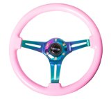NRG Classic Wood Grain Steering Wheel (350mm) Solid Pink Painted Grip w/Neochrome 3-Spoke Center thumbnail 7