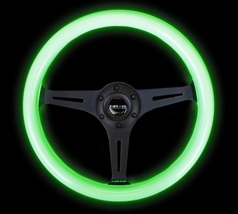 NRG Classic Wood Grain Steering Wheel (350mm) Glow-N-The-Dark Green Grip w/Black 3-Spoke Center thumbnail 1