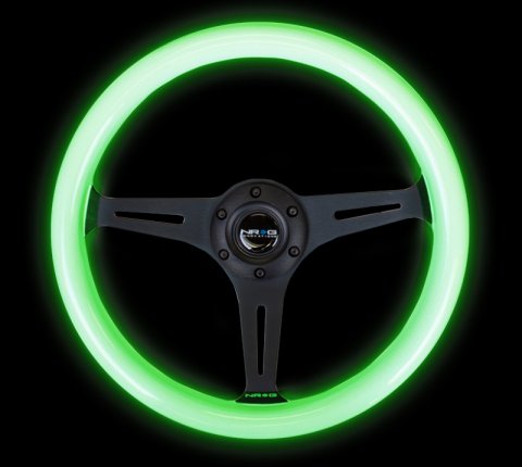 NRG Classic Wood Grain Steering Wheel (350mm) Glow-N-The-Dark Green Grip w/Black 3-Spoke Center thumbnail 5