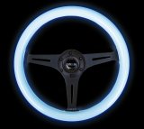 NRG Classic Wood Grain Steering Wheel (350mm) Glow-In-The-Dark Blue Grip w/Black 3-Spoke Center thumbnail 5