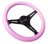 NRG Classic Wood Grain Steering Wheel (350mm) Solid Pink Painted Grip w/Black 3-Spoke Center thumbnail 1